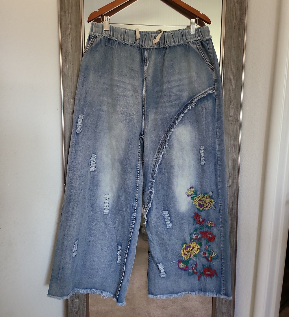 YESNO Womens Plus Embroidered Wide Leg Jeans Distressed Floral Denim Blue
